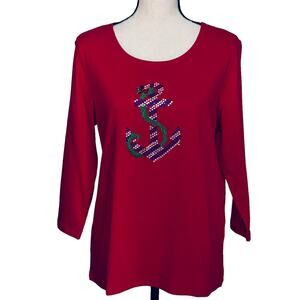 Karen Scott Large Top Holiday Anchor Festive Christmas 3/4 Sleeve Stretch New